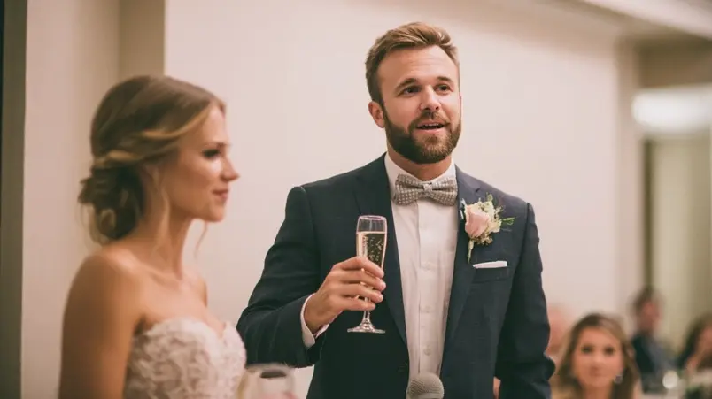 Person håller kort brudskål stående nära brudparet med glas i hand