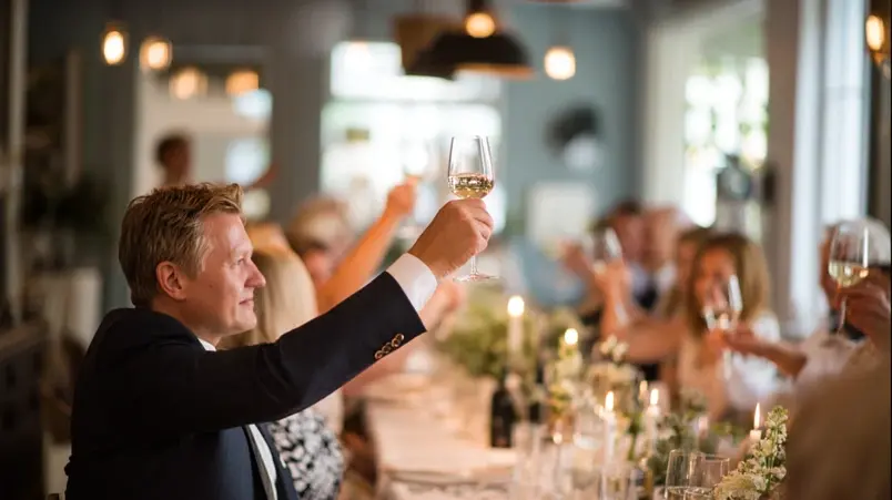 Toastmaster som utbringar brudskål med mousserande i glaset