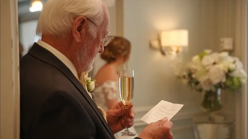 Förälder läser brudskål från en liten lapp med champagneglas i handen
