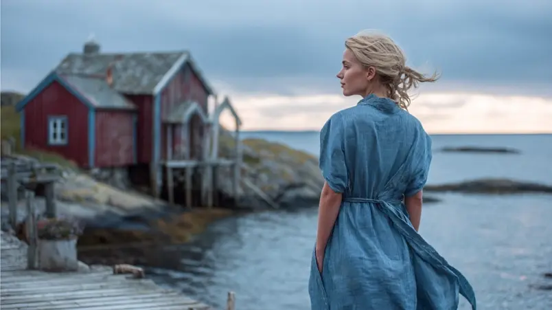 Kvinna i omlottklänning i linne på en brygga vid havet