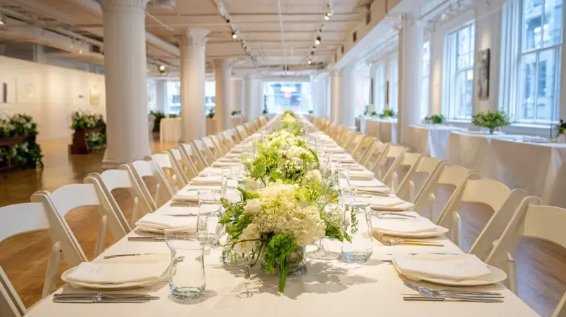 Dukat långbord för mellanstor middag med enkel blomsterdekoration