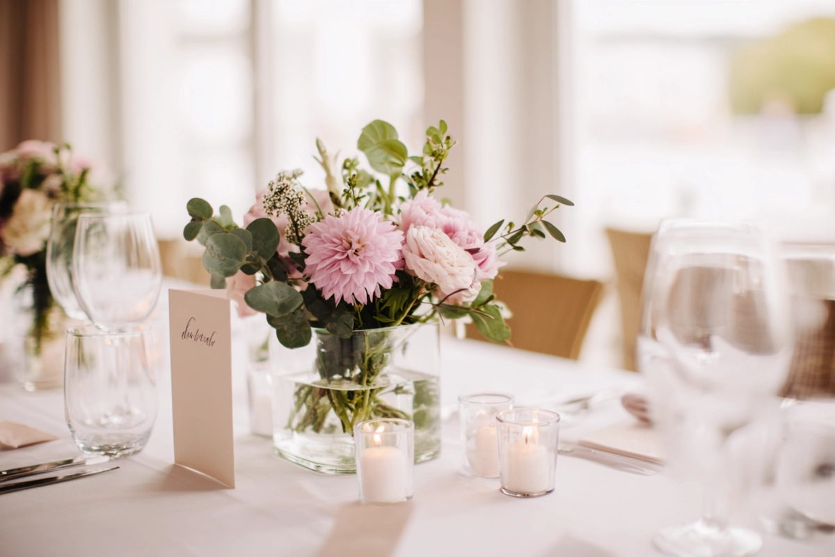 Dukat bröllopsbord med värmeljus, blomsterarrangemang och placeringskort