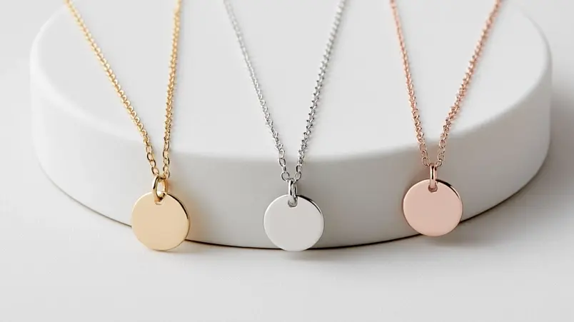 Tre halsband i guld, silver och roséguld bredvid varandra