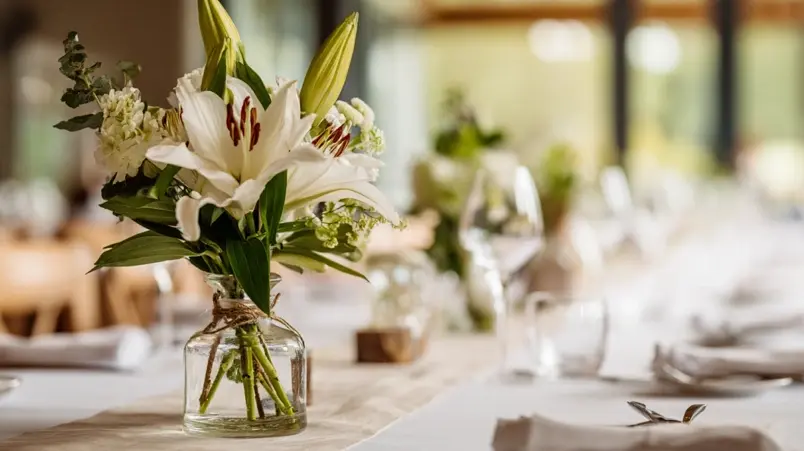 Lågt blomsterarrangemang under ögonhöjd på dukat bord