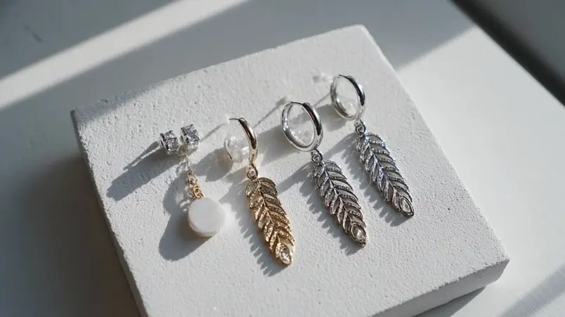 Fyra olika örhängestyper uppställda: studs, droppe, creol och chandelier