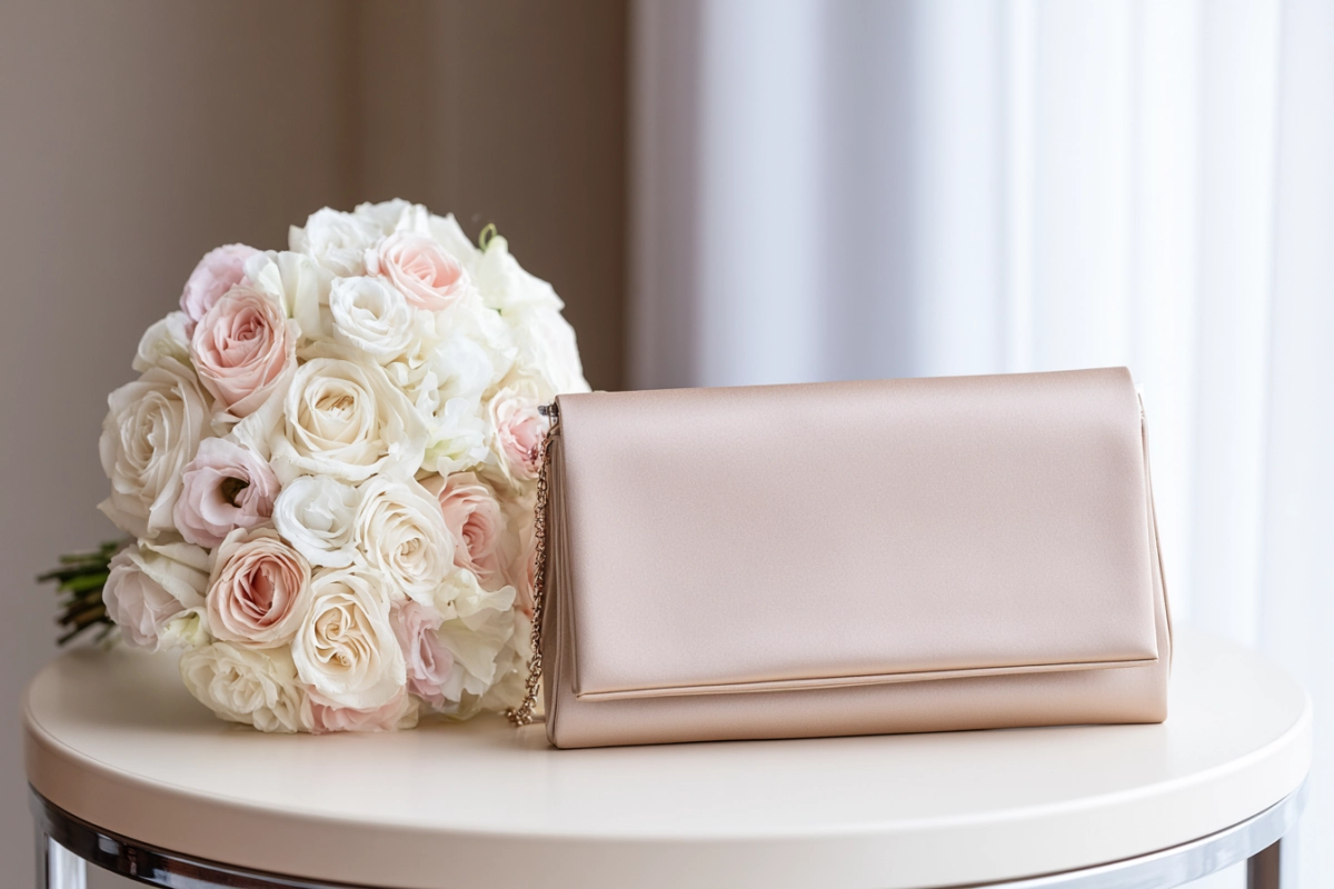 Elegant clutch i satin bredvid brudbukett