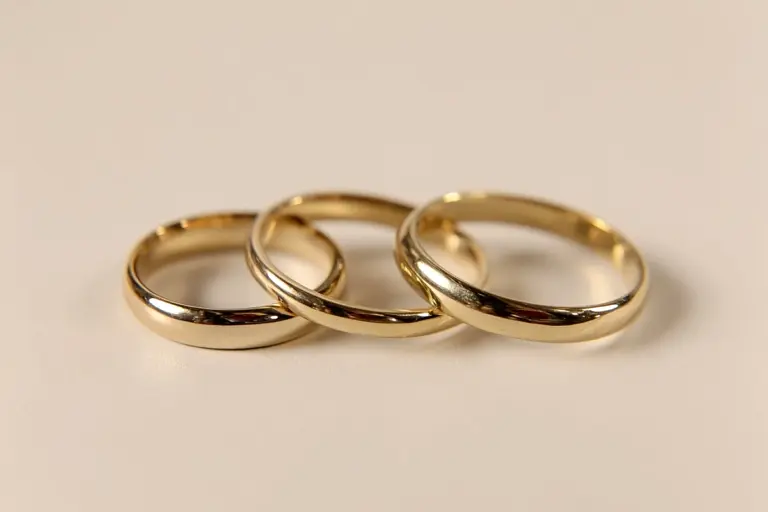 Vigselringar i guld med olika karathalt uppställda bredvid varandra